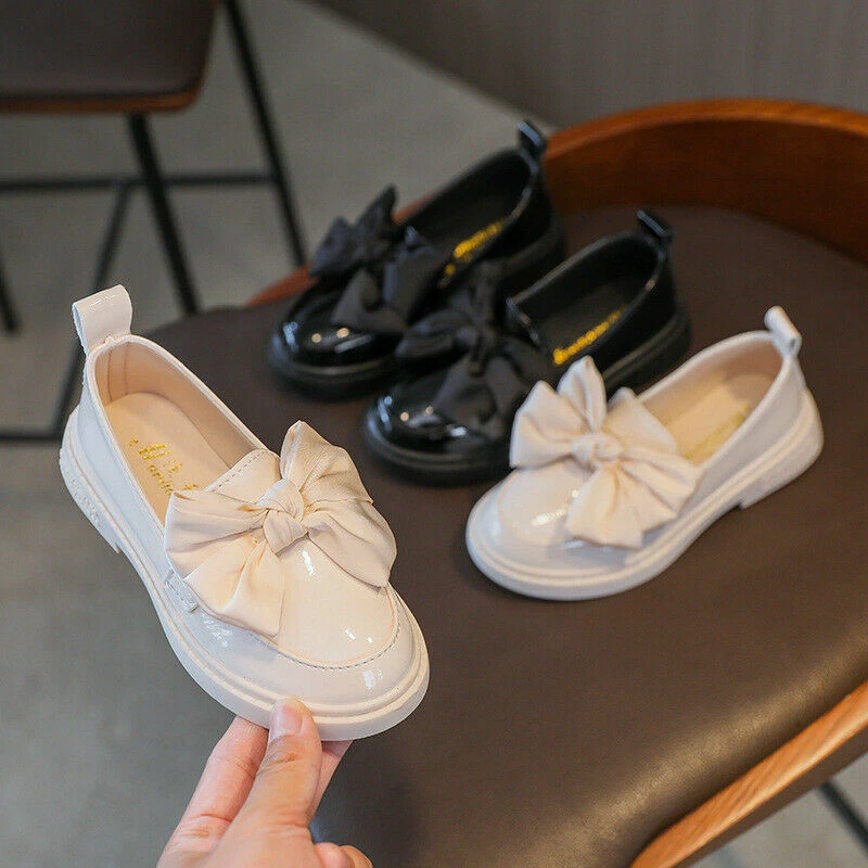 GIRLS KIDS LEATHER SHOES INFANTS SPANISH BOW WEDDING SCHOOL PARTY LOAFERS SHOES