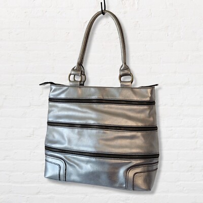 Silver Tote Shoulder Bag with Three Wrap Around Zippers the Open to Expand 3''