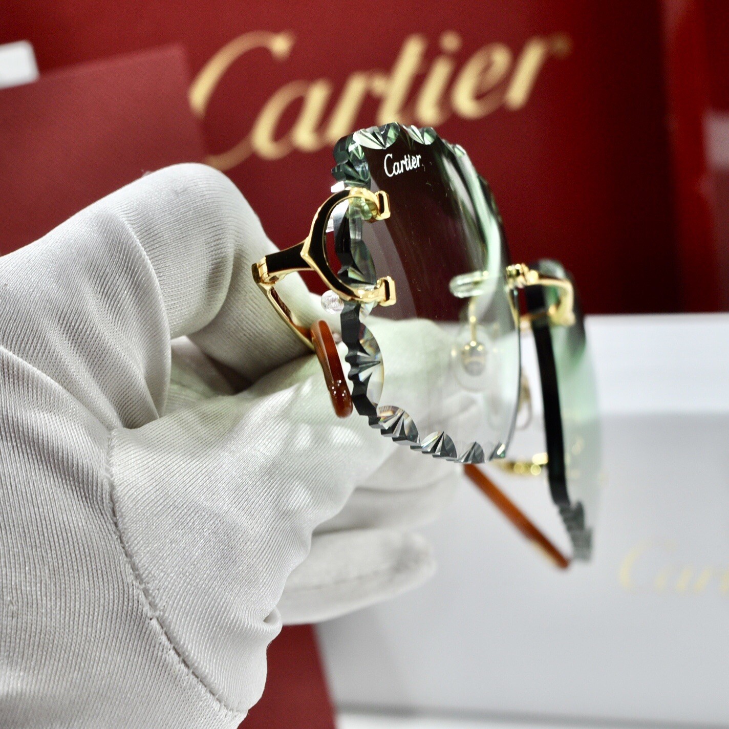 Cartier Piccadilly Rimless Sunglasses with Diamond Cut Decor and Gold BIG C Frame-image