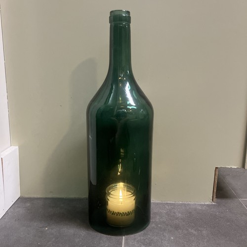Large 18” in. Green Glass Wine Bottle Candle Cover Mid-Century Modern - Up Cycle - Imagen 2 de 23