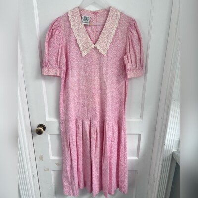 Laura Ashley Vintage Pink Floral Drop Waist Lace Collar Dress Size 10 RARE  | eBay