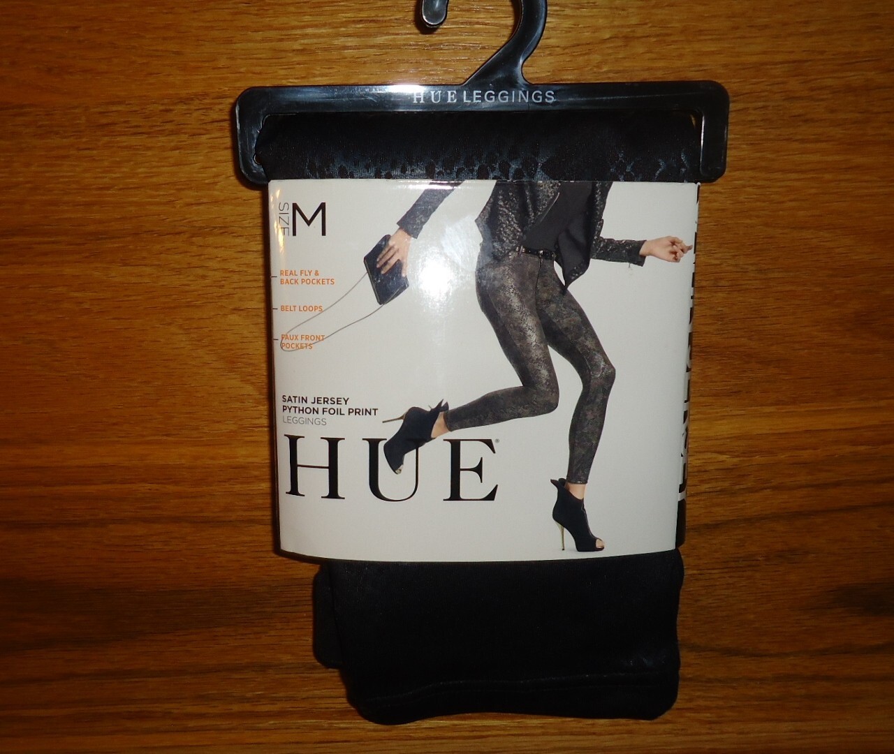 HUE Black Satin Jersey Python Foil Print Leggings Pockets Zip Fly ...