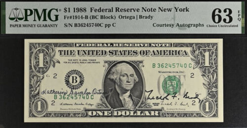 1988 $1 Federal Reserve Note - PMG 63EPQ - Dual Autograph - Ortega / Brady - Picture 2 of 3