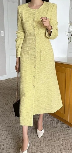 Women Tweed Dress Long Sleeve Single Breast Elegant Long Tweed Lady Blazer Dress - Picture 9 of 28