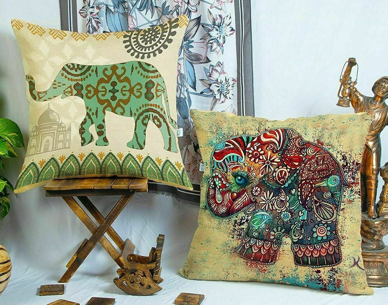 Indian Traditional Elephant Printed Jute Cushion Cover 24 Inch Set Of 2