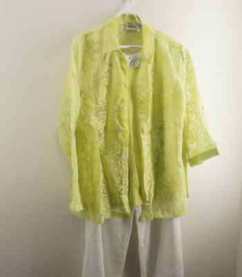 Chicos lime green tank burnt out blouse w/ gauze pants outfit size 3