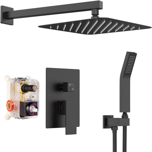 Black Shower Faucet System Combo Set 12" Rainfall Head w/Hand Shower Mixer Valve