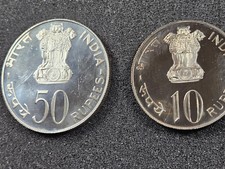 🌟 1974-B India 50 Rupees Silver & 10 Rupees Coin Proof Set Silver Bombay Mint