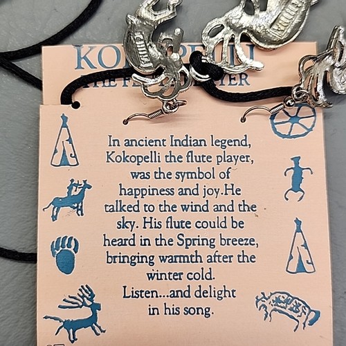 Southwestern Flute Player Necklace Earrings Set Kokopelli Blue Green Silver Tone - Picture 5 of 7