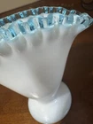 Vintage Fenton Blue AquaCrest Milk Glass Ruffled Fan Vase 4.5 “ Footed