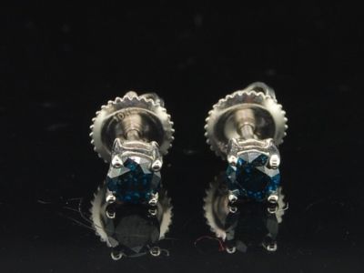 Mens Ladies 10K White Gold Round Solitaire Blue Diamond Studs Earrings .54 Ct.