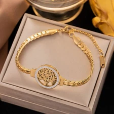 Woman 18K Gold Plated Stainless Steel Life of Tree CZ Cuban Bracelet Bangle
