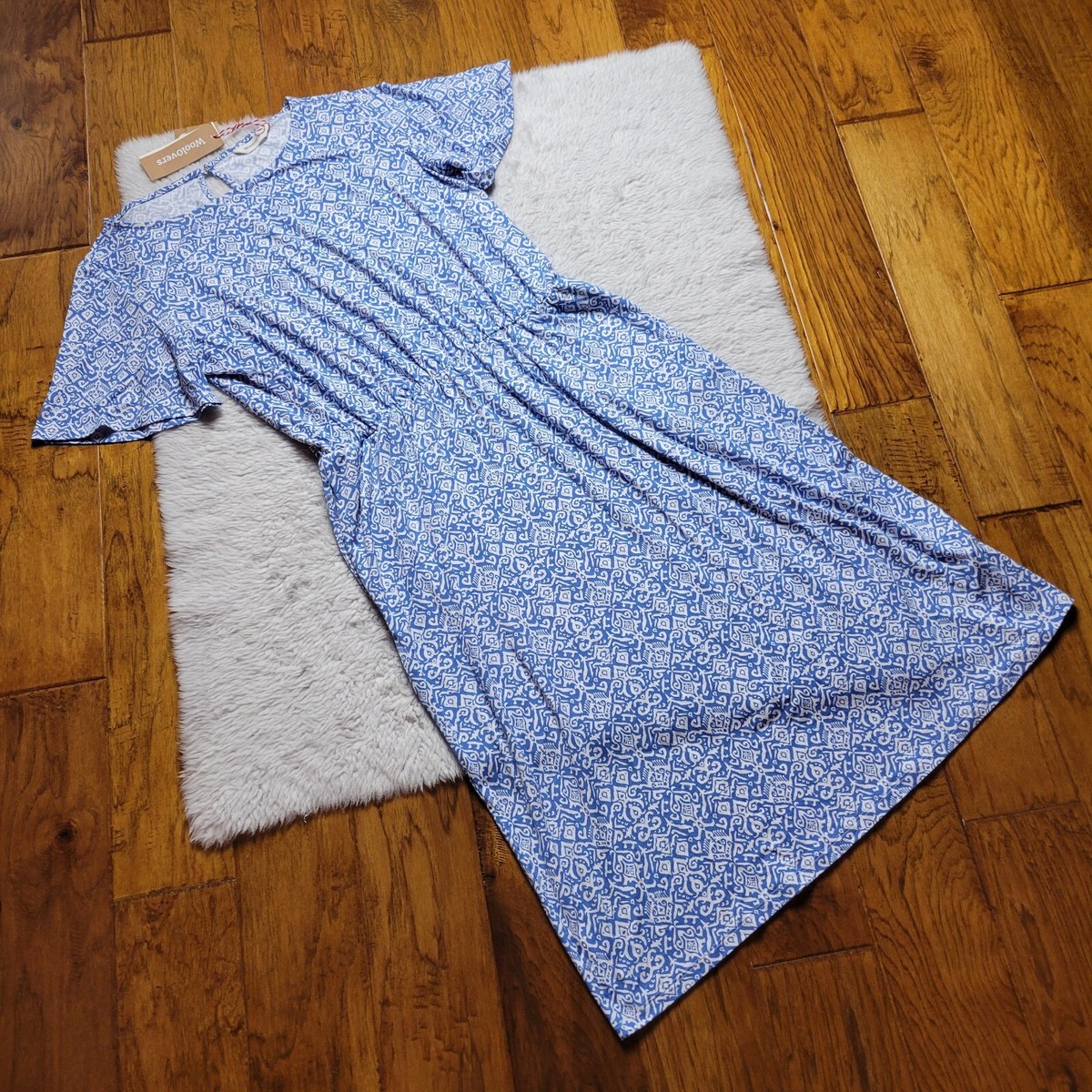 NWT Woolovers Dress Women's Large Angel Sleeve Fit Flare Blue