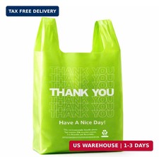 100 Pack “Thank You” T-Shirt Bags – Green Plastic Shopping Bags with Handles,...
