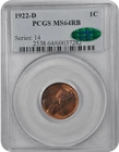 1922-D 1C Lincoln Cent - Type 1 Wheat Reverse PCGS RB (CAC) #3558-1 MS64