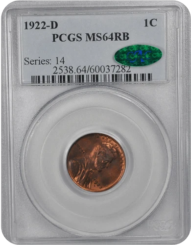 1922-D 1C Lincoln Cent - Type 1 Wheat Reverse PCGS RB (CAC) #3558-1 MS64