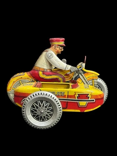 Vintage Marx Tin Litho Motorcycle W/ Sidecar, Wind Up #3 Police Squad, NO KEY