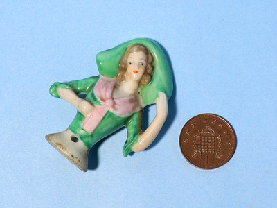 Antike deutsche Porzellan Half Doll Dame handbemalt grün & rosa Outfit #SC