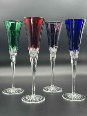 Ajka Cut to Clear Crystal Flutes Set of 4 Multi Color Hungary Lead Glass H-9.75''