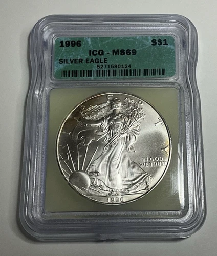 1996 $1 AMERICAN SILVER EAGLE ICG MS69 GREEN LABEL