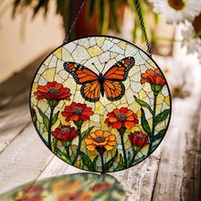 Monarch butterfly and orange wildflowers round stained glass suncatcher gift for