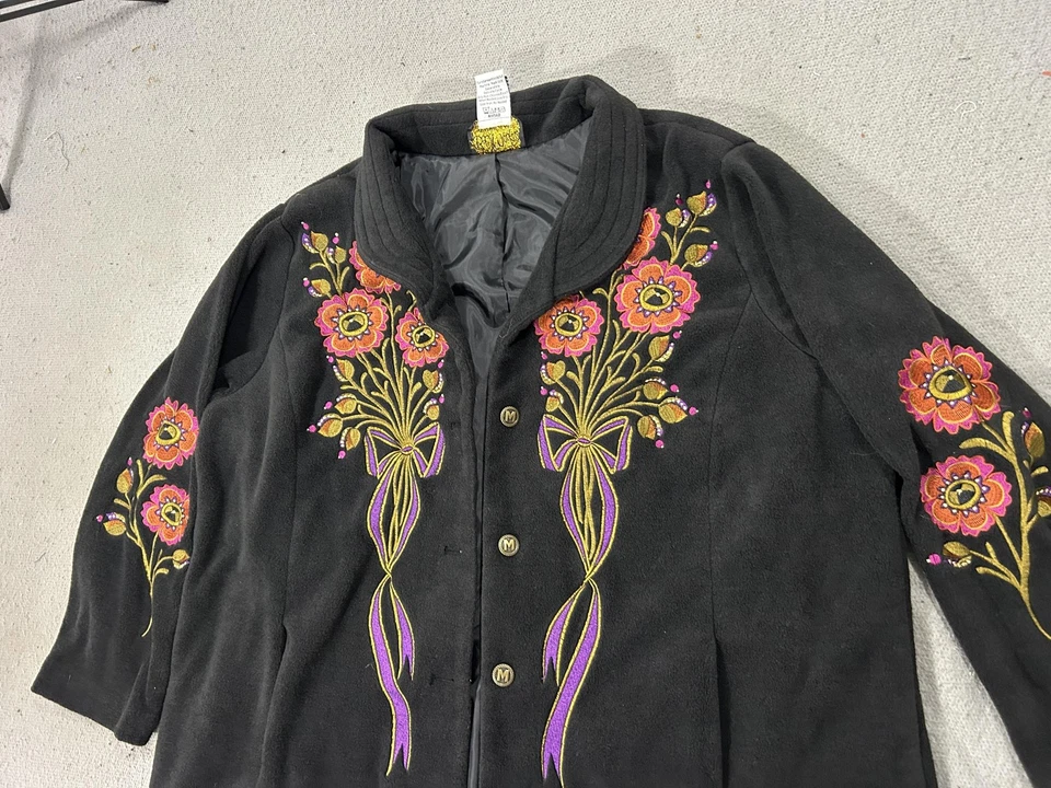 Chaqueta Artística Usable Bob Mackie Para Mujer 2X Negra Floral Bordada Boho Artística Foto 2 de 4