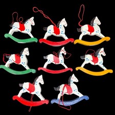 8 Pc Wooden Rocking Horse Christmas Ornaments Vintage Hand Painted Holiday