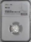 1911-P  10C BARBER SILVER DIME  "PHILADELPHIA"  NGC MS62  8404753-041