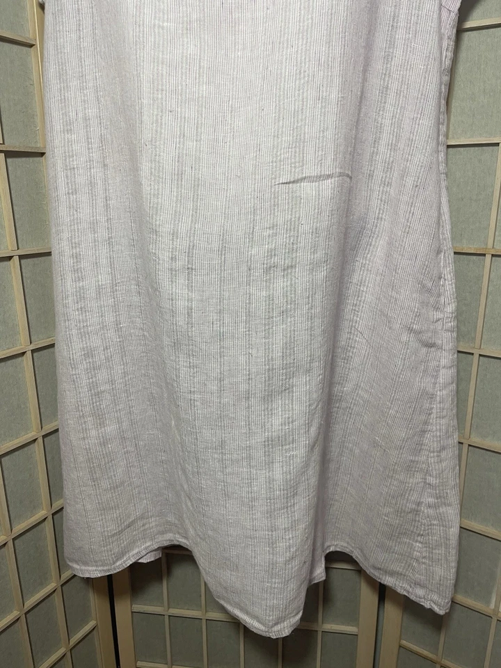 Vestido FLAX M Lino Rosa Lavanda Rayas Manga Corta Hasta la Rodilla Foto 4 de 4