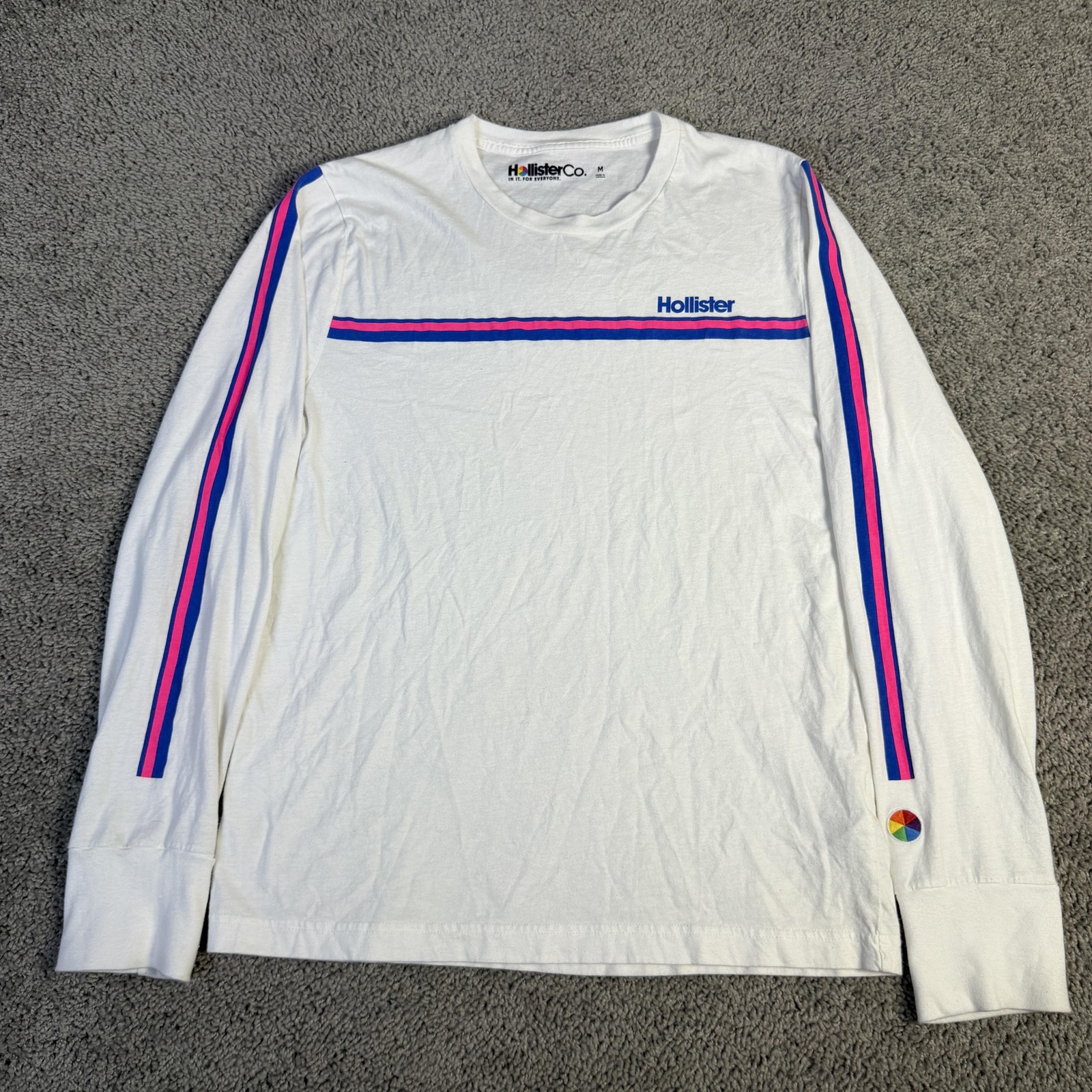 HollisterCo. Shirt Mens M White Striped Long Sleeve Crew Neck Cotton Logo