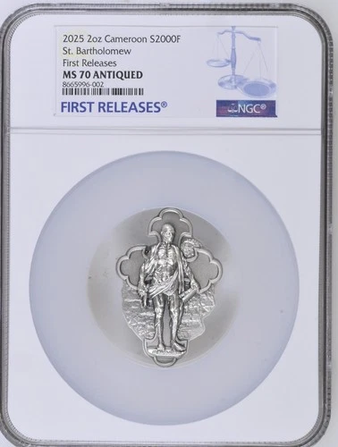 2 Oz Silver Coin 2025 Cameroon St. Bartholomew Antiqued High Relief NGC MS 70