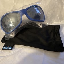 KAVU Perma-Grin Wrap Sunglasses Blue Plastic Frame Gray Tinted Lenses Pouch