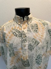 Reyn Spooner Mens X Large Hawaiian Tiki Mask Pullover Shirt 100 Cotton Yellow