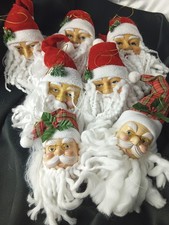Lot of 7 Vintage Santa Head Christmas Ornament Hard Plastic Face Soft Yarn Beard