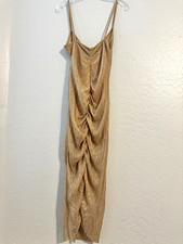 👗NWT PrettyLittleThing Gold Ruched Glitter V-Neck Strappy Midi Slip Dress 10