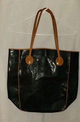 Princess Borghese Black Leather Tote Bag*Brown Handle and Trim 12.5'' x 16''x 6''