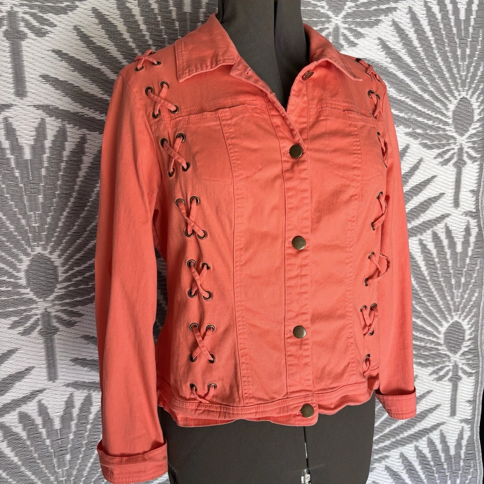 Vintage Y2K Lace Up Denim Jacket Women’s Sz XL Fits A Large Best Pink Stretch - Image 2 of 4