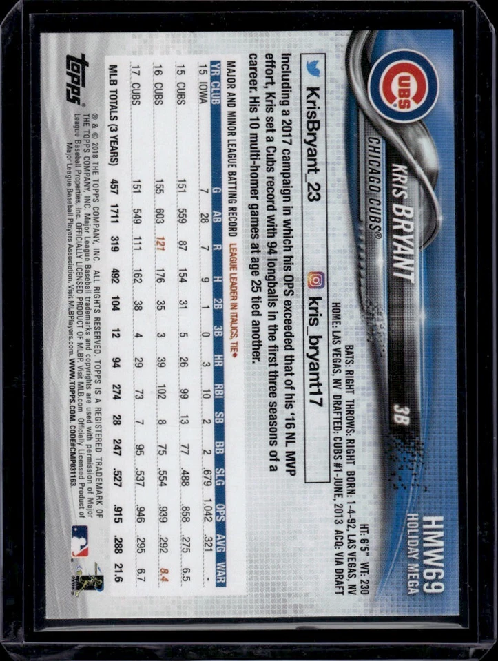 2018 Topps Holiday #HMW69 Kris Bryant  Snowflake - Image 2 of 2