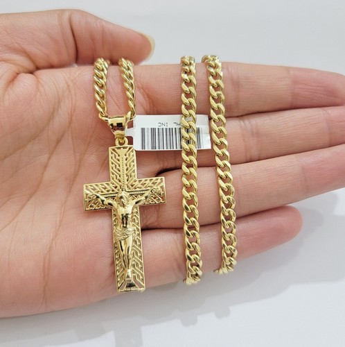 REAL 10k Yellow Gold Chain Cross Pendant Set Miami Cuban link Necklace 5mm 18-28 - Picture 2 of 10
