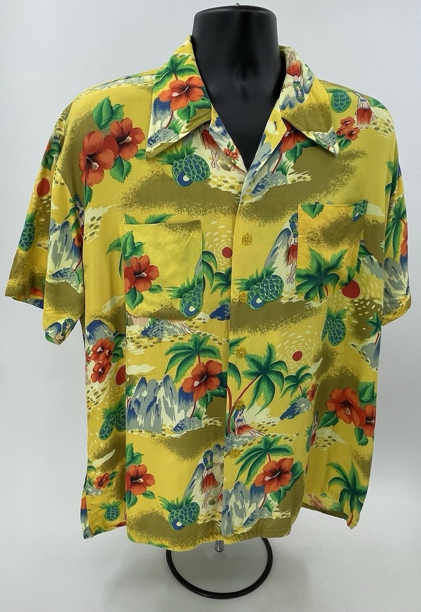 Andrew Lewis Vintage 70's Yellow Hula Girls Volcano Hawaiian Shirt