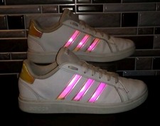 Adidas Grand Court 2.0 Sneakers Girls Size 6 White Iridescent/Pink Low 3-Stripes