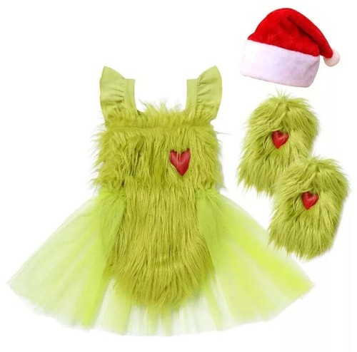 Baby Mädchen Weihnachten Grinch Kostüm Baby Mädchen Kunstfell Tüll Tutu Kleid und - Bild 3 von 4