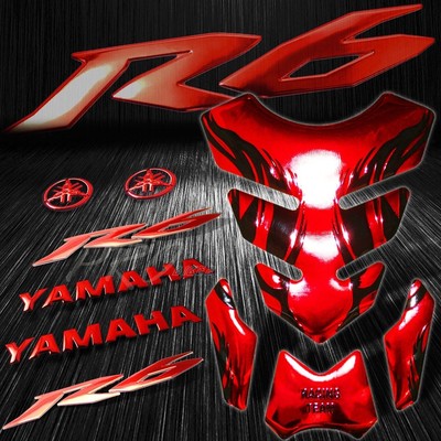 Chrome Red Tribal Fire Fuel Tank Pad+6'' 3D Logo+Letter+for YZF-R6 Emblem Sticker