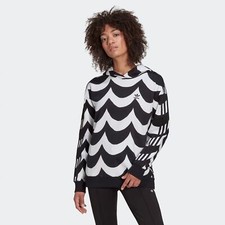 Image of Adidas X Marimekko Wave Hoodie Oversize 3 Stripes Hooded Sweatshirt Black White