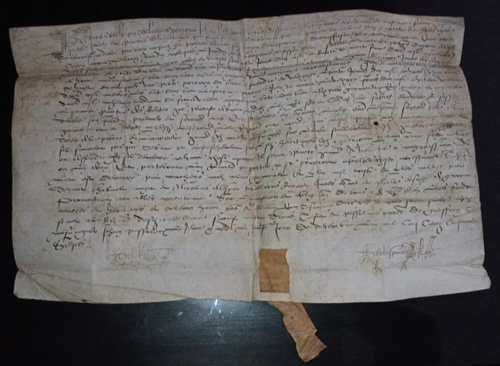1557 large antique parchment document, manuscript, calligraphy, signed, 46x29cm