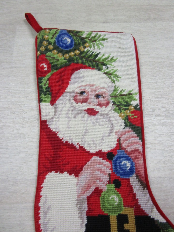 Vintage Handmade Finished Needlepoint Christmas Stocking Santa Claus