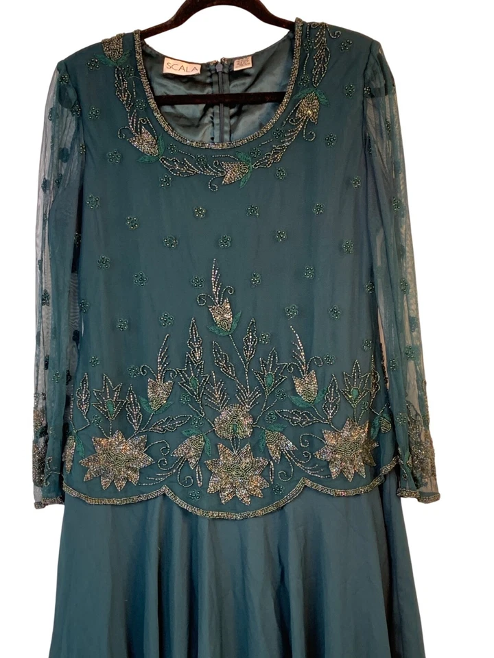Vestido de Noche De Colección Scala Cuentas Talla 12 Verde Madre Novia Vestido Formal 9048 Foto 3 de 4