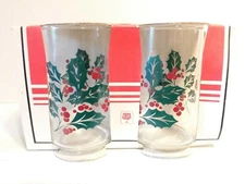 4 VINTAGE CRISA CLEARLY CHRISTMAS GLASSES HOLLY BERRY 12oz MEXICO - A1 NEW