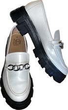 Y2K CHUNKY LOAFERS SHOES BONE IVORY Sz 10 Silver Chain Accent Vegan Platform Vtg