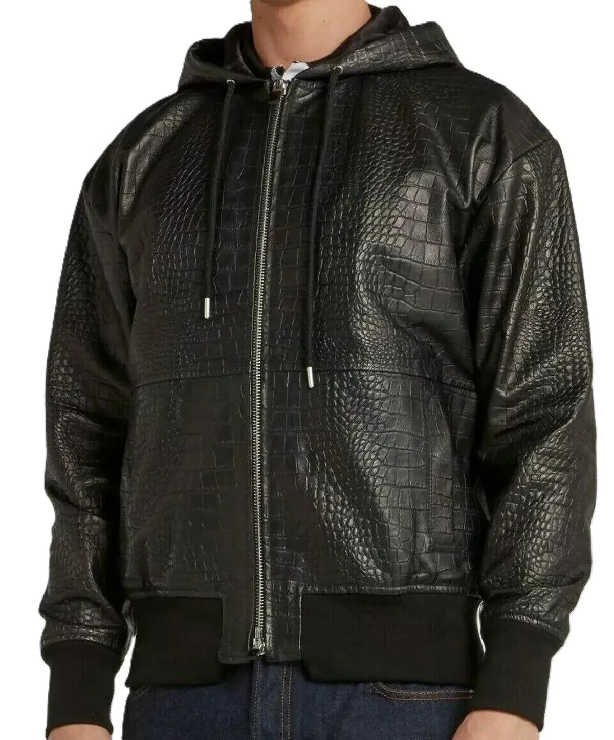 Men's Black Real Leather Croco Print Jacket Hooded Bomber Alligator Print Jacket
